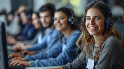 Obraz premium diverse group of young adults engaged in a collaborative work environment, focused on their tasks while wearing headphones.