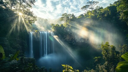 Sunrise illuminates a stunning tropical waterfall, with water cascading down rocky cliffs. The surrounding greenery sparkles with dew, creating a serene oasis in nature