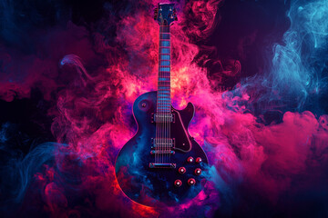 A vibrant electric guitar surrounded by colorful smoke and swirling colors in a dark fantasy setting