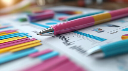 Colorful pens lay on a report displaying various graphs and charts, indicating analysis during a business meeting at an office