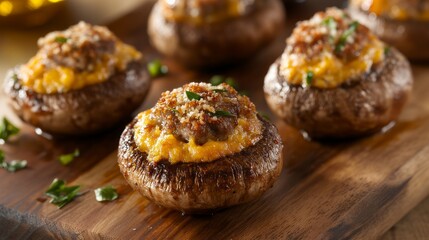 Champiñones rellenos con una mezcla de queso y hierbas, horneados hasta obtener una textura dorada y crujiente. Ideales como aperitivo o guarnición.