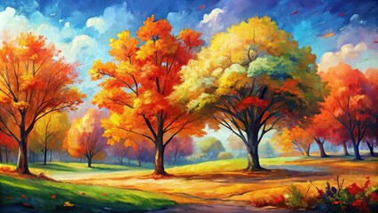 Abstract autumn landscape with stylized trees and leaves in bold contrasting colors and dynamic brush strokes