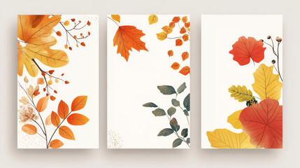 These colorful autumn cards are perfect for flyers, posters, banners, brochures, or email headers. They feature beautiful autumn leaves, flowers, and twigs.