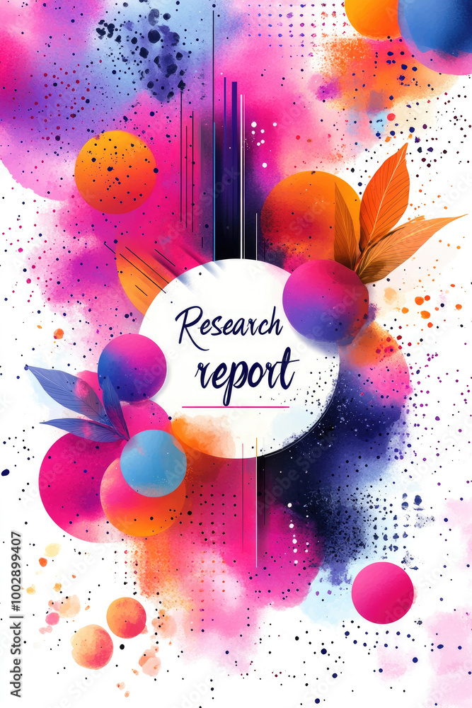Poster an abstract arrangement of colorful shapes and leaves enriches a research report, creating a vibrant