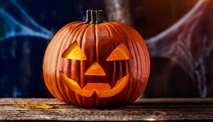Obraz premium A glowing Jack-o'-lantern with a mischievous grin and triangular eyes stands out against a shadowy background. The warm light from within enhances the Halloween atmosphere.