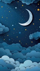 Dreamy Night Sky with Stars, Half Moon, and Clouds in Paper Art Style