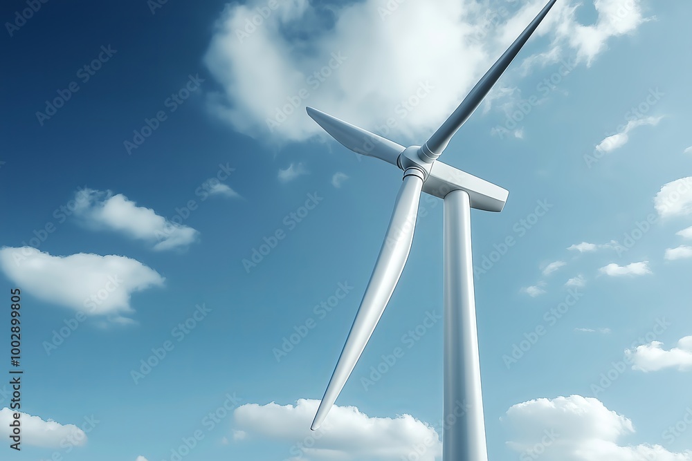 Poster looking up at a towering wind turbine against a blue sky, capturing the scale and importance of rene