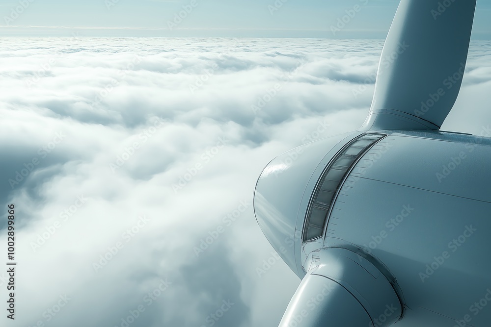Aufkleber Close-up of a wind turbine soaring above the clouds, symbolizing the future of clean energy and the limitless potential of wind power technology., Generative AI