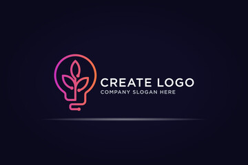 bulb leaf technology logo design use line concept