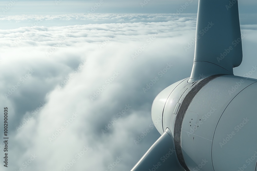 Aufkleber Close-up of a wind turbine soaring above the clouds, symbolizing the future of clean energy and the limitless potential of wind power technology., Generative AI