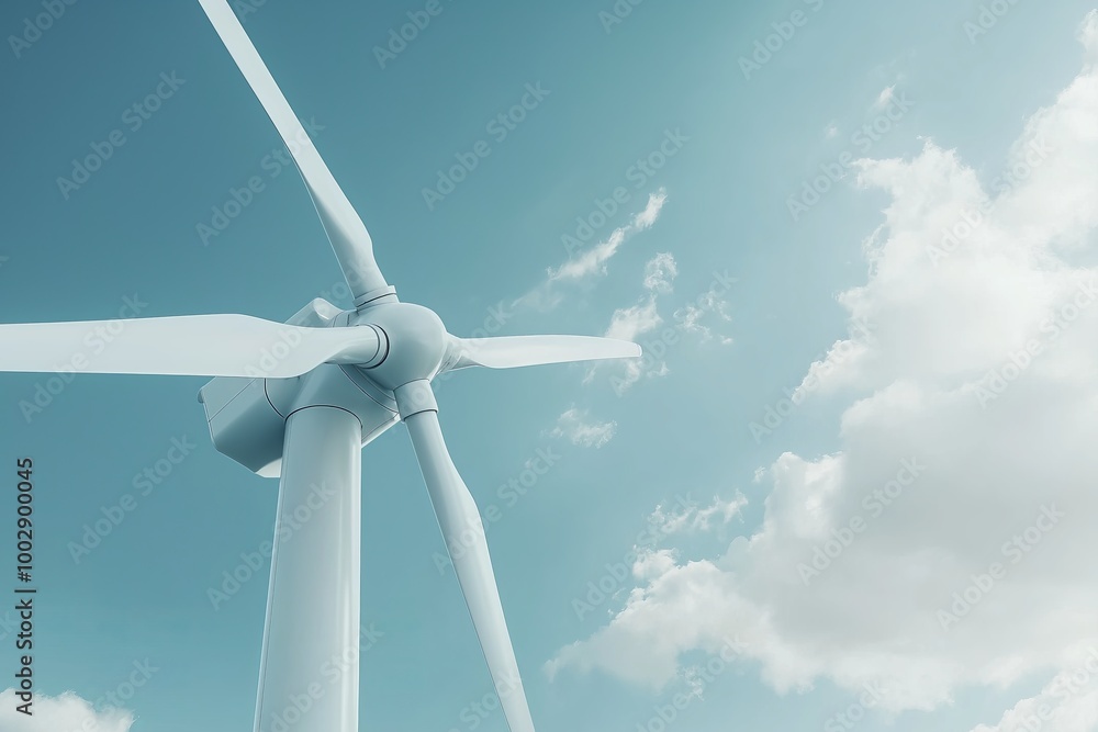 Poster looking up at a towering wind turbine against a blue sky, capturing the scale and importance of rene