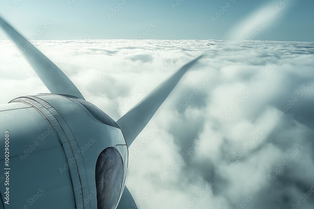 Aufkleber Close-up of a wind turbine soaring above the clouds, symbolizing the future of clean energy and the limitless potential of wind power technology., Generative AI