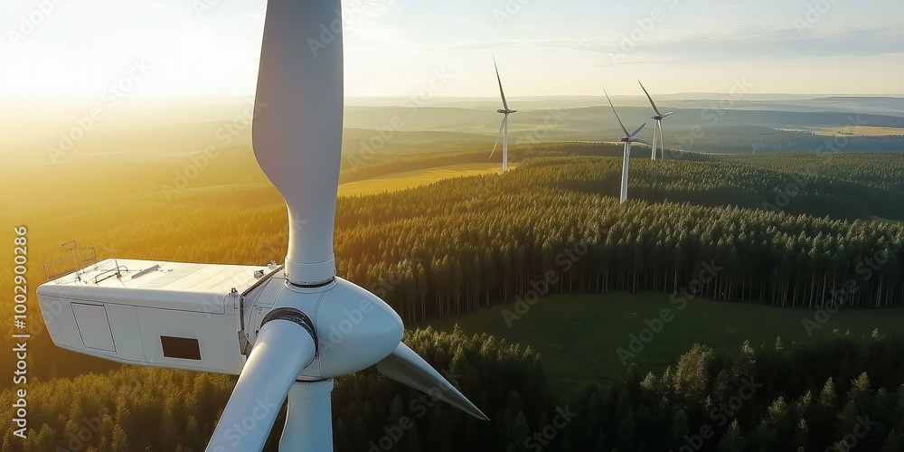 Poster wind turbine standing tall on an open field with a clear blue sky, representing renewable energy and
