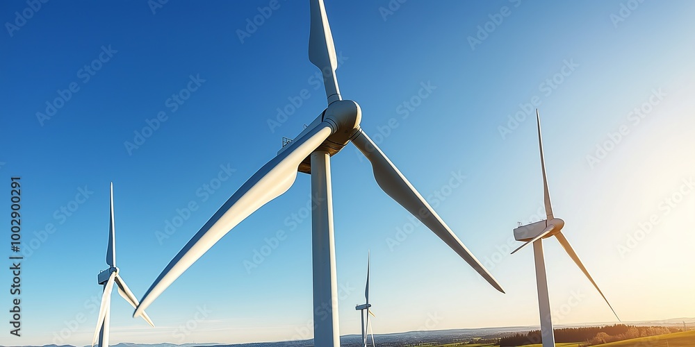 Poster Looking up at a towering wind turbine against a blue sky, capturing the scale and importance of renewable energy in a sustainable future., Generative AI