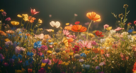 Obraz premium A field of wildflowers, with colorful petals swaying in the breeze. The photograph captures the beauty and diversity of nature's palette, showcasing an array of colors that dance, meadow with flowers