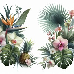 Fototapeta premium Frame of tropical leaves and flowers for text and design