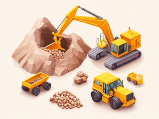 Obraz premium Heavy construction machinery including excavator, dump truck, bulldozer and wheel loader in action, white isolated background