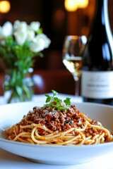 Delicious Spaghetti Bolognese with Parmesan Cheese and Basil