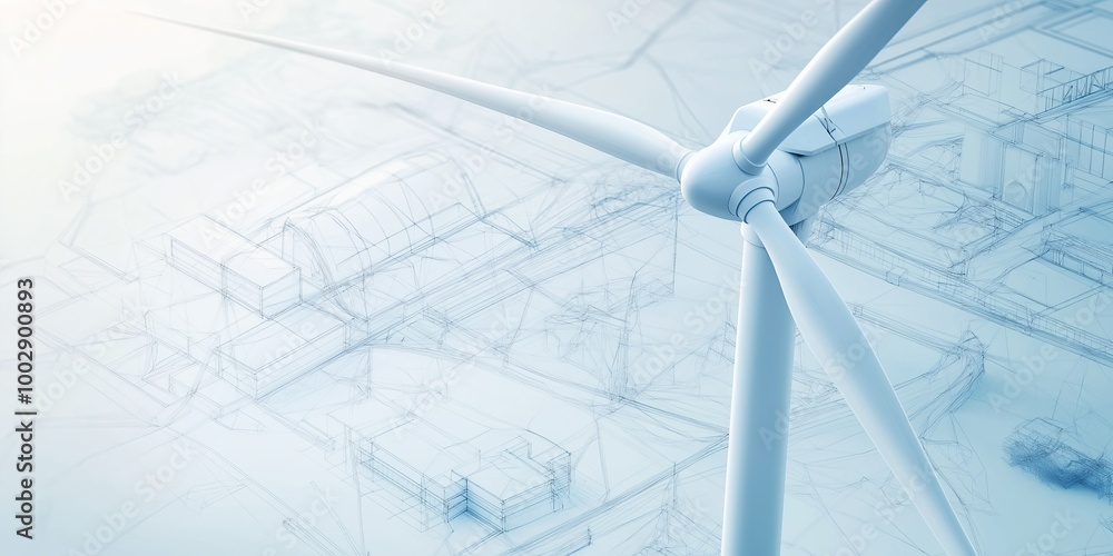 Poster Detailed 3D rendering of a wind turbine on a technical blueprint, emphasizing innovation and the role of renewable energy in sustainable power generation., Generative AI