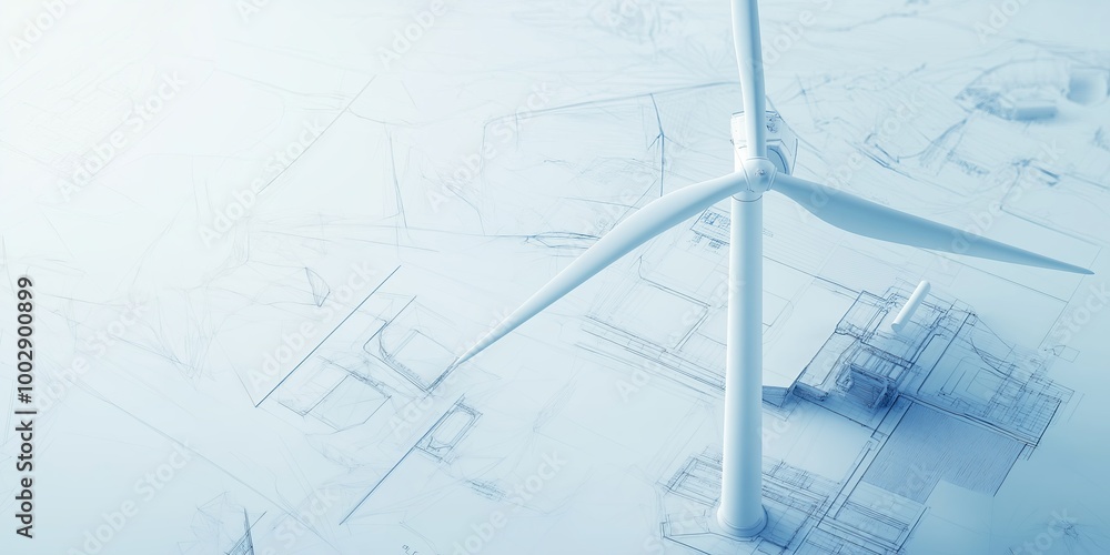 Aufkleber Detailed 3D rendering of a wind turbine on a technical blueprint, emphasizing innovation and the role of renewable energy in sustainable power generation., Generative AI