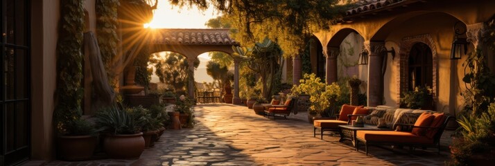 Naklejka premium Sunlit Mediterranean courtyard with lush greenery and cozy seating area.