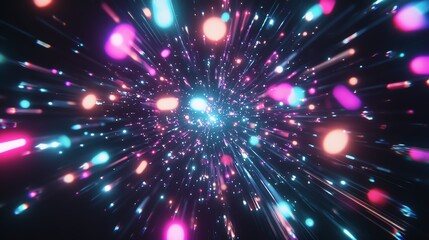 Fototapeta premium Colorful abstract light streaks and particles bursting outward on a black background.