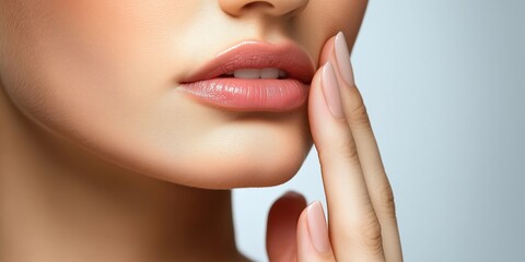 Fototapeta premium Close-up of a woman having toothache with her hand gently touching her face, representing softness, beauty, and the elegance of natural skincare., Generative AI