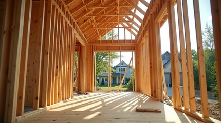 First floor interior wood framing of new house construction