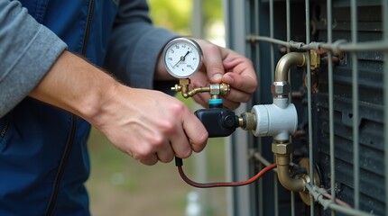 Technician using manifold gauge for air conditioning inspection