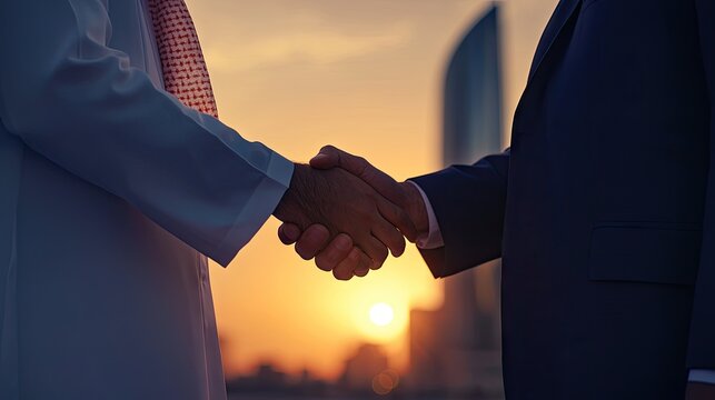 couples of high realistic saudi men Business executives in power suits joining forces, clasping hands in unity exposure with the sightly skyscraper