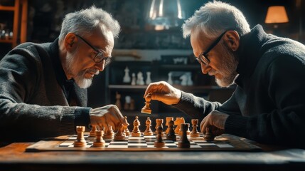 Two elderly men deeply engaged in a game of chess under warm ambient lighting.