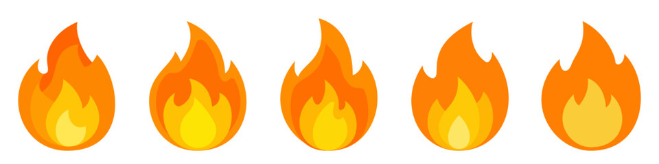 Fire icon. Set of colorful flame icons. Bright symbol of bonfire. Vector illustration.