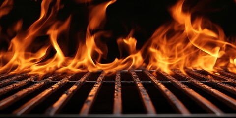 Hot empty portable barbecue BBQ grill with flaming fire and ember charcoal on black background