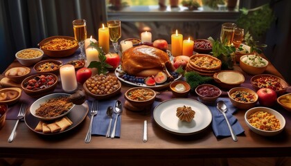 a bountiful display of traditional dishes and festive decorations that evoke a cozy, celebratory atmosphere. The table is laden with a golden