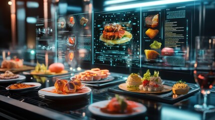 Fototapeta premium A futuristic dining scene featuring various gourmet dishes with digital menus.