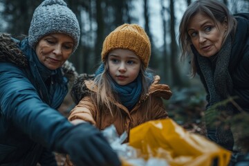 Small girl with mother and grandmother picking up waste outoors in forest, Generative AI
