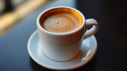 Hot coffee in a coffee cup and many coffee placed on table in a warm, light atmosphere, on dark background