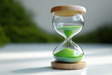 A glass hourglass with green sand in it