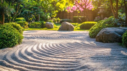 Serene Zen Garden with Raked Sand Pathway and Bonsai Plants