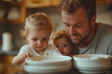 Fototapeta premium Mature father with two small children dancing indoors at home, Generative AI