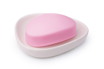  Pink soap bar in ceramic soap dish