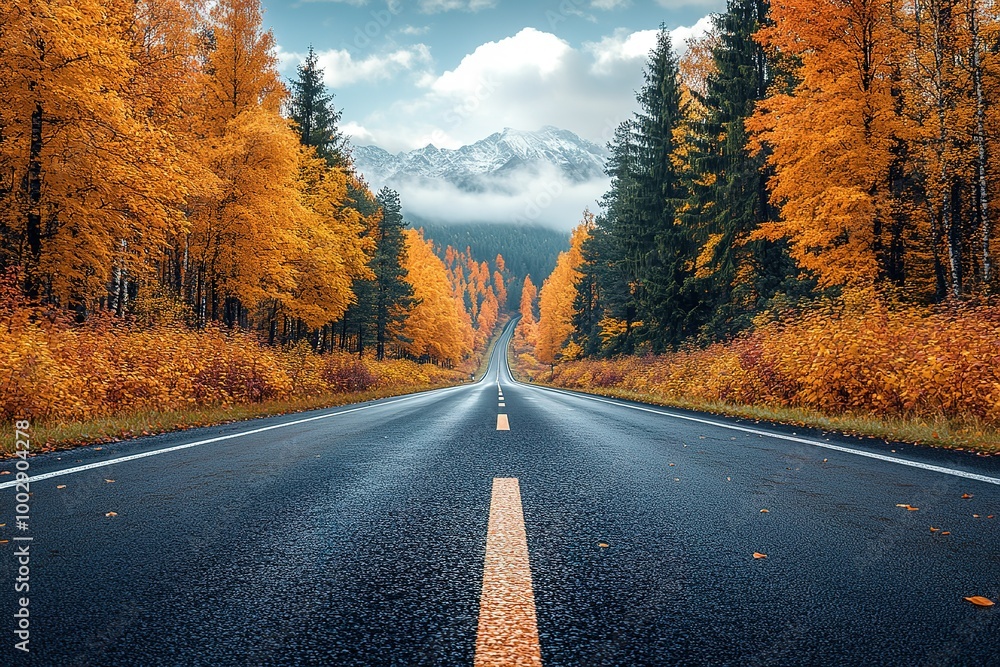 Poster a road with a line of trees on either side