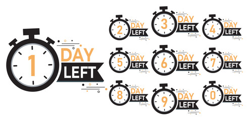 Countdown days left banner. 0, 1, 2, 3, 4, 5, 6, 7, 8, 9 days left icon in flat style. Calculation of time of sale. Sale promotion timer sign business concept.