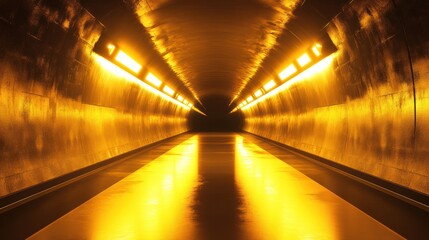 Obraz premium A dimly lit tunnel with glowing yellow lights creating a mysterious atmosphere.