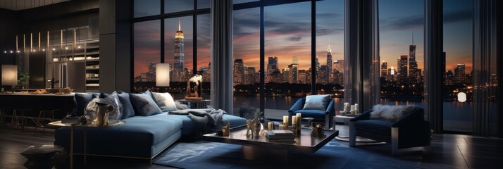 Fototapeta premium Luxurious modern living room with city skyline view at sunset.