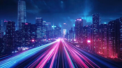 A vibrant cityscape at night with light trails from moving vehicles.