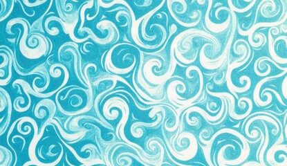 Aqua blue and white pattern of squiggles on a plain white background
