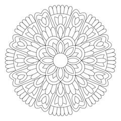 Abstract mandala or whimsical snowflake line art design or coloring page, vector file