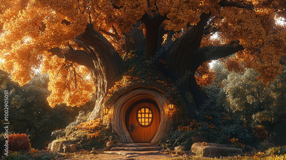 Poster a quaint tree house with a circular entrance is enveloped by golden fall leaves, creating a magical 