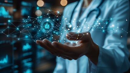 Fototapeta premium A virtual health icon and medical record screen hovers above the doctor's hand, network pathways glowing behind them